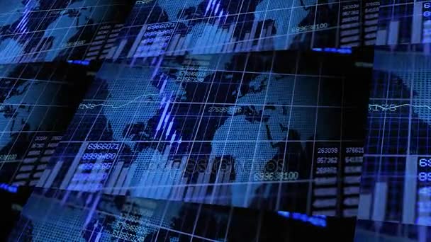 Sininen digitaalinen animaatio pörssikursseista, joista näkyy sijoitusvoitot mustalla pohjalla
 - Materiaali, video