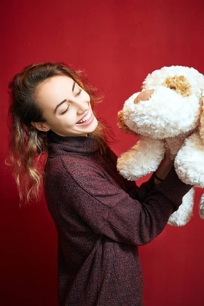 happy beautiful woman with a toy dog - 写真・画像
