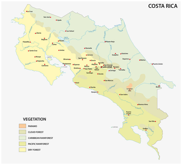  növényzet vektoros Térkép-Costa Rica ország fontos városok - Vektor, kép