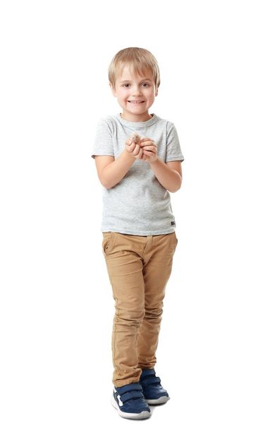 Little boy with cute pet hamster on white background - Foto, immagini