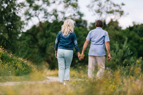 Old couple walking in the woods, holding hands. Romantic senior date. - Fotografie, Obrázek