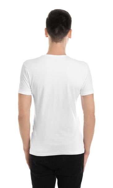 Young man in t-shirt on white background. Mockup for design - Fotó, kép