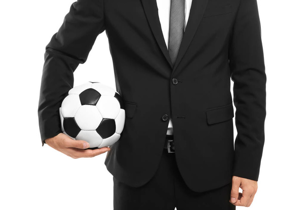 Manager with soccer ball on white background - Фото, изображение