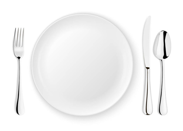 Reális vektor kanalat, villát, kést és étel lemez Vértes elszigetelt fehér background. Tervezősablon vagy mintája fel. Szemközti nézet - Vektor, kép