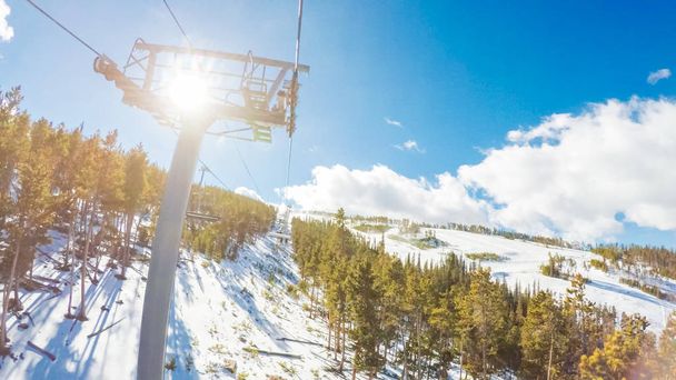 POV point of view. Open air ski lift. - Photo, Image