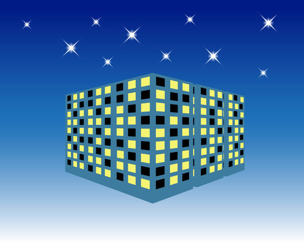Nachtlandschaft. Gebäudesilhouette am Abend. modernes Stadtdesign. Gebäude auf dem blauen dunklen Himmel Hintergrund mit Sternen. - Vektor, Bild