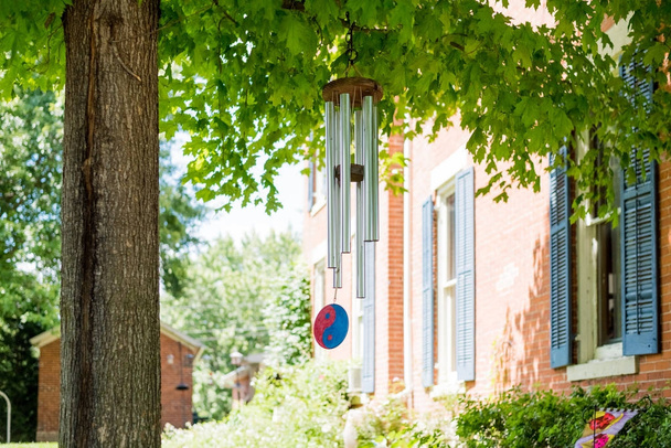 Wind chime on a tree in a backyard - Photo, Image