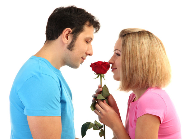 Loving couple with rose isolated on white - Φωτογραφία, εικόνα