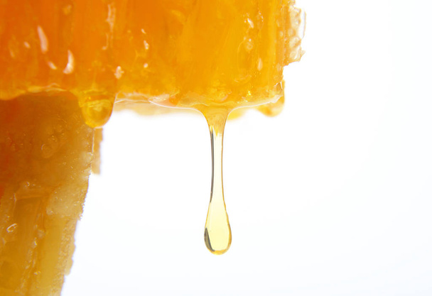 honey flowing from the honeycombs on a light background - Φωτογραφία, εικόνα