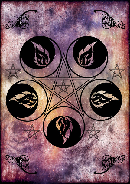 Background with the symbol of the wiccan goddess and pentacles. - Photo, Image