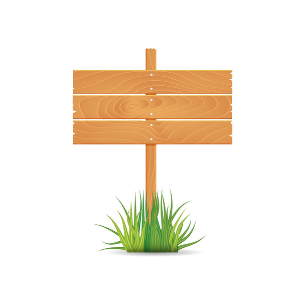 Wooden blank board sign spring time with grass. Vector illustration. - Vector, Image