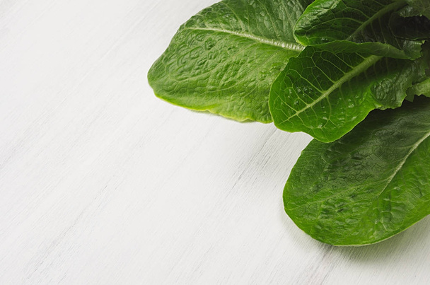 Green young salad spinach leaves on white wood board, copy space. - Foto, imagen