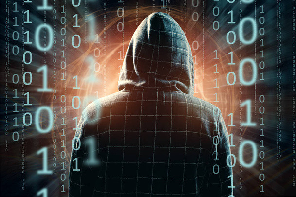 Χάκερ στην κουκούλα, επίθεση χάκερ, σιλουέτα του ανθρώπου, μικτή τεχνική. Η έννοια της μια ξαφνική επίθεση, κρυπτογραφία, ασφάλεια των δεδομένων. - Φωτογραφία, εικόνα