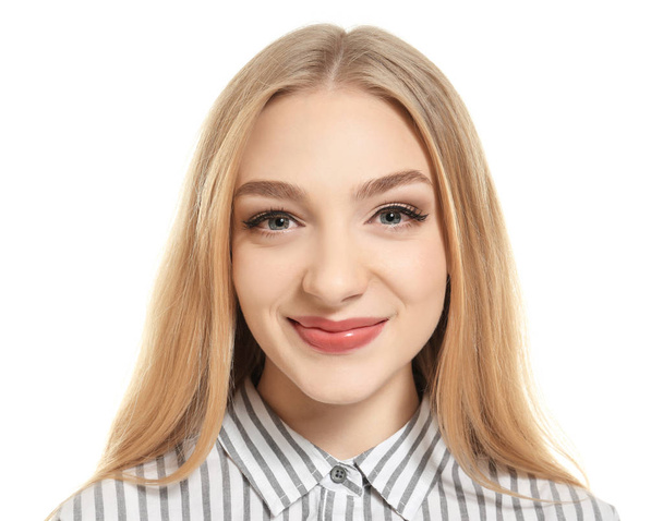 Young beautiful smiling woman on white background - Fotografie, Obrázek