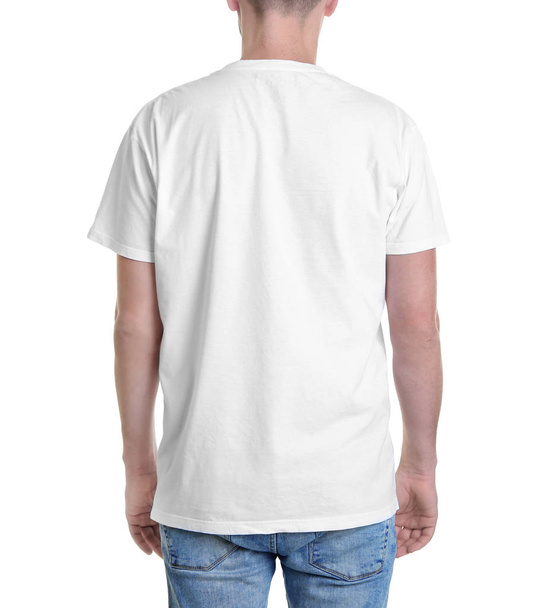 Young man in t-shirt on white background. Mockup for design - Fotoğraf, Görsel