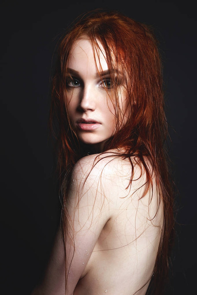 wet nude woman. beauty red haired girl - Fotó, kép