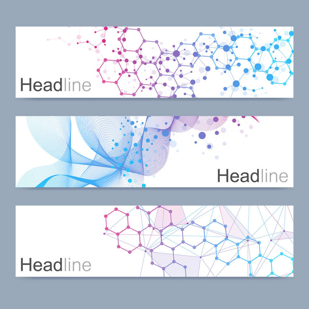 Scientific set of modern vector banners. DNA molecule structure with connected lines and dots. Science vector background. Medical, tecnology, chemistry design. - Vector, imagen