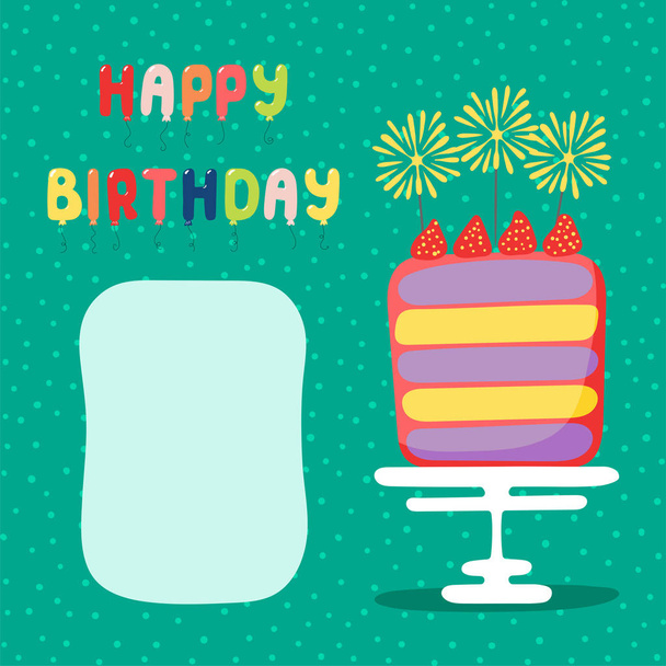 Tarjeta de cumpleaños dibujada a mano con pastel de capa de dibujos animados con fresas en la parte superior y globos en forma de carta, vector, ilustración
 - Vector, Imagen
