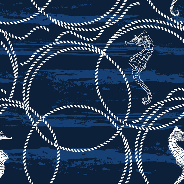 Seamless pattern with seahorses and  marine ropes. Vector illustration - Vetor, Imagem