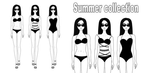 Muotikuvitus. Kaunis nuori tyttö uimapuvussa, aurinkolasit. Muotinäytös. Kesäkokoelma. Nuoren naisen ruumis. Malli. Uimapuvut. Piirros naisen ruumiista. Kävelevä tyttö. Eps 10
 - Vektori, kuva