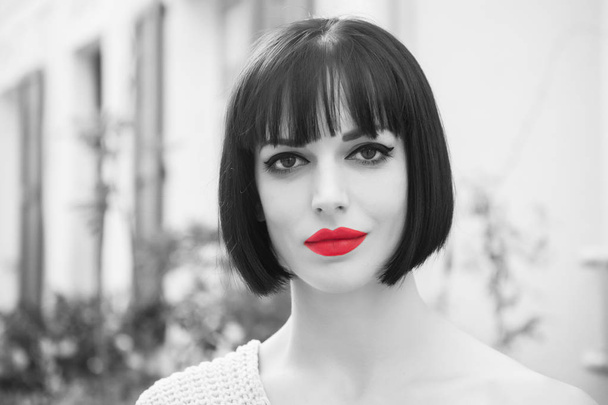 Girl with red lips on sensual face in paris, france - Foto, immagini