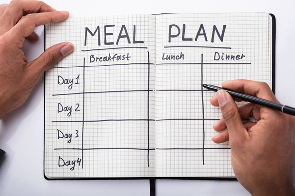High Angle View Of A Person's Hand Filling Meal Plan In Notebook - Foto, Bild