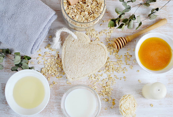 Natural Ingredients for Homemade Body Face Scrub Oat Oil Milk. Beauty Concept. SPA. Love Your Body - Photo, Image