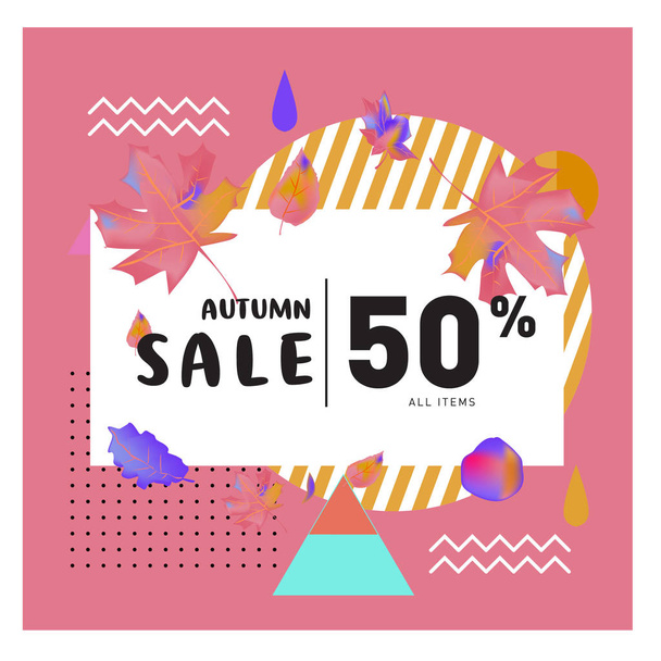 Vector autumn sale poster template with lettering. Bright fall leaves. brochure, card, label, banner design. Bright commercial background design. Autumn sale 50% - Вектор, зображення