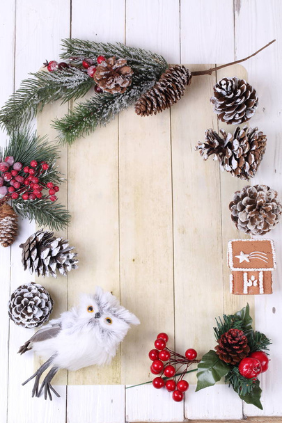 Christmas decor on wooden background - Foto, imagen