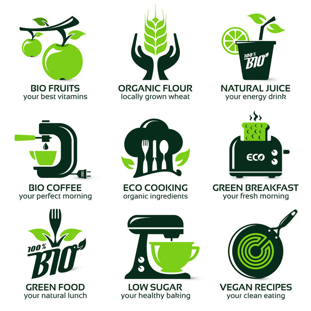 płaski zestaw ikon dla zielony eco kuchnia - Wektor, obraz
