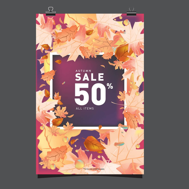 Vector autumn sale poster template with lettering. Bright fall leaves. brochure, card, label, banner design. Bright commercial background design. Autumn sale 50% - Vector, afbeelding