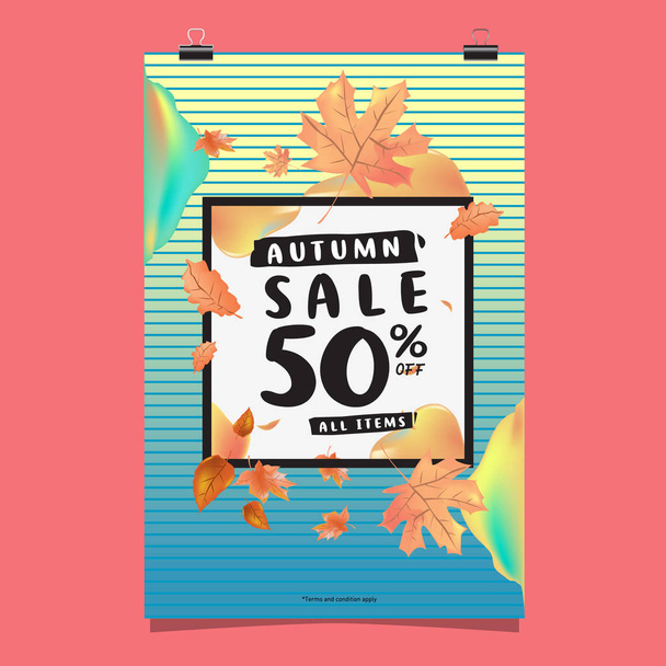 Vector autumn sale poster template with lettering. Bright fall leaves. brochure, card, label, banner design. Bright commercial background design. Autumn sale 50% - Вектор,изображение