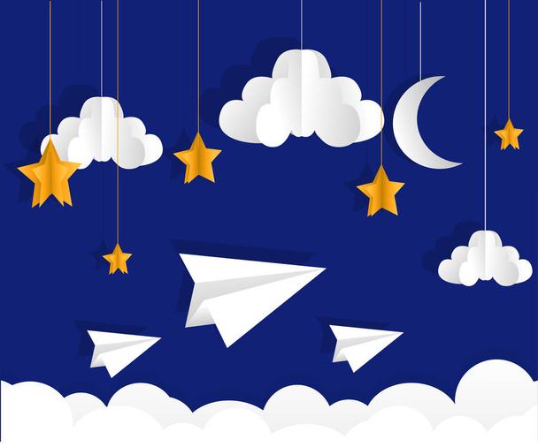 Abstract of little plane flying through cloud to sky at night, paper art and origami - Διάνυσμα, εικόνα