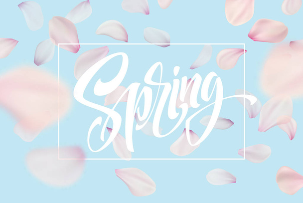 Spring lettering web banner template. Color pink sakura cherry blossom flower blue sky landscape background design. Vector illustration - Вектор,изображение