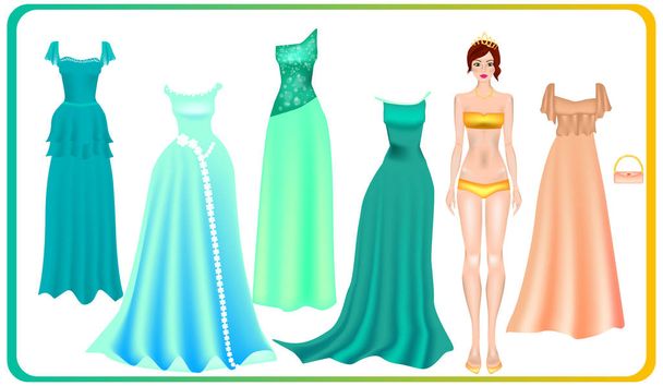 Dress up paper doll. Princess paper doll and set of ball clothes.  Body templates vector detailed illustration. Evening and Prom Dress - Vector, Image