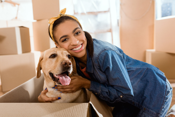 smiling african american woman with labrador dog in cardboard box  - Foto, Bild