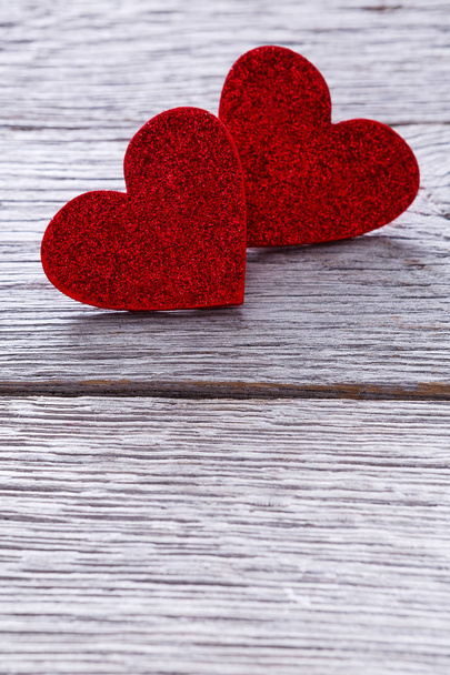 Valentine day background, handmade hearts on wood with copy spac - Zdjęcie, obraz