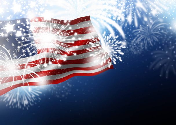Drapeau américain ou américain avec dessin de feux d'artifice la nuit Illustration du jour de l'indépendance
 - Photo, image