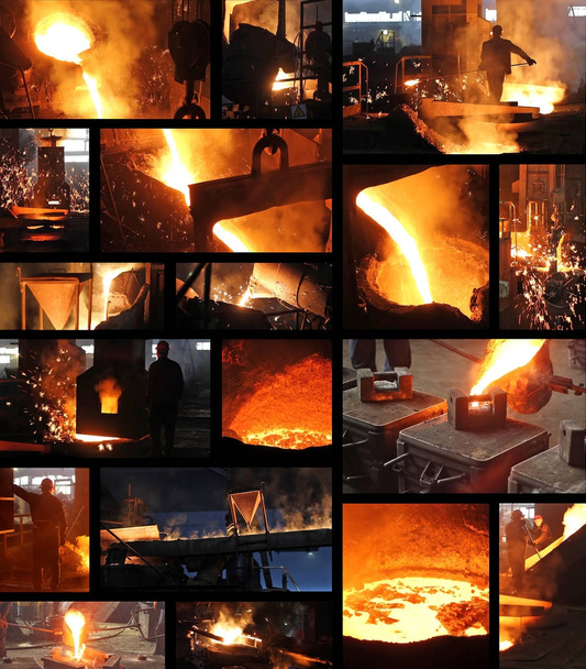 Hard work in foundry, liquid metal in the foundry, melting iron in furnace, steel mill. Workers controlling iron smelting in furnaces, collage - Фото, изображение