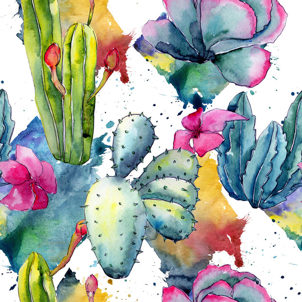 Exotic wildflower cactus pattern in a watercolor style. - Zdjęcie, obraz