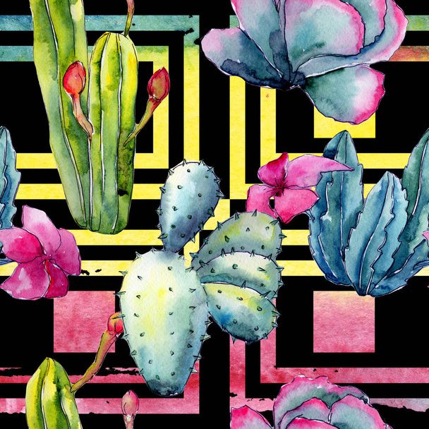 Exotické wildflower kaktus vzor ve stylu akvarelu. - Fotografie, Obrázek