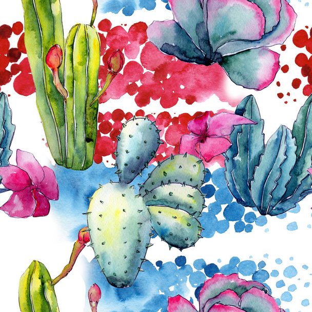 Exotic wildflower cactus pattern in a watercolor style. - Fotografie, Obrázek