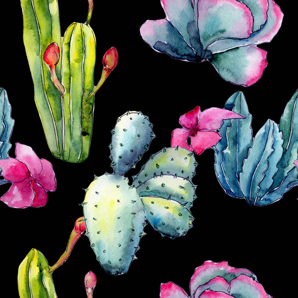 Exotic wildflower cactus pattern in a watercolor style. - Photo, Image