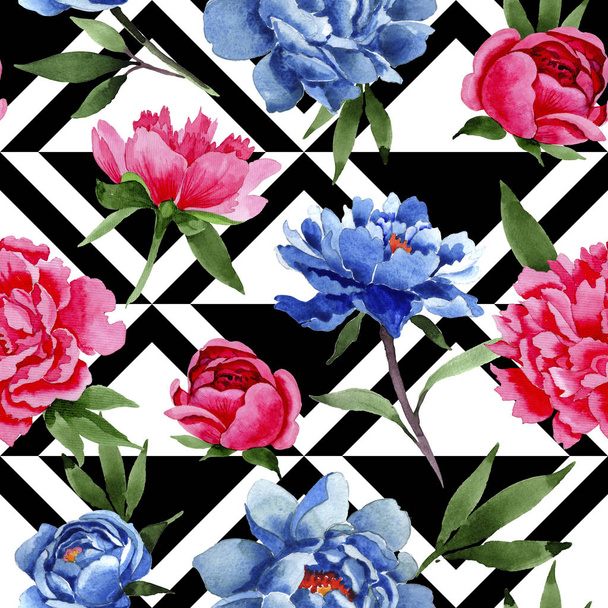 Wildflower red and blue peonies flowers pattern in a watercolor style. - Foto, afbeelding