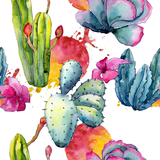 Exotic wildflower cactus pattern in a watercolor style. - Fotoğraf, Görsel