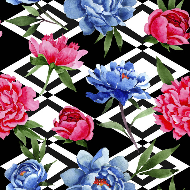 Flor silvestre peonías rojas y azules patrón de flores en un estilo de acuarela
. - Foto, Imagen