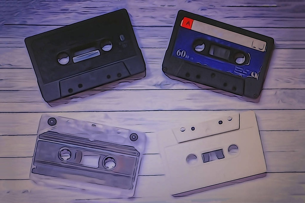Cintas de cassette antiguas con fondo de madera
 - Foto, Imagen
