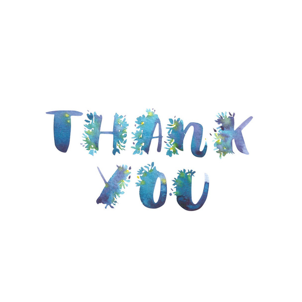 Watercolor phrase - Thank you. Exclusive Custom Characters. Hand Lettering and Typographic art for Designs: Logo, for Poster, Invitation, Card, etc. Brush Typography. - Zdjęcie, obraz