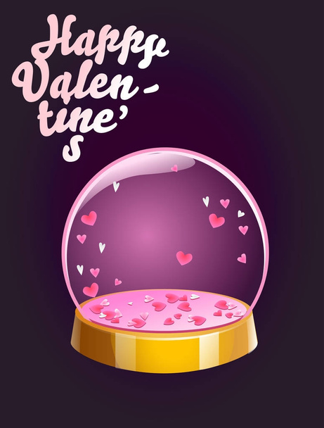 Romantic Happy Valentines Day card. Magic crystal ball with small pink hearts inside. Vector illustration. - Vector, Image