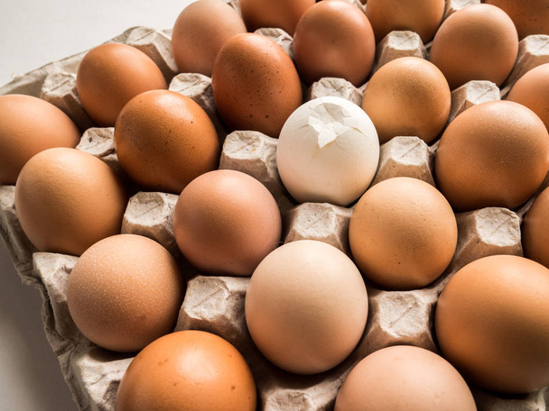 eggs in a cardboard tray, one crack is different - Φωτογραφία, εικόνα